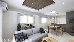 リビング　イメージパース・朝は爽やかな日差しを浴びながら、家族みんなでおいしい朝食。昼下がりには読書やお昼寝でもしながらのんびりと過ごすひと時…。家族が集まる空間を、一番明るい空間に♪