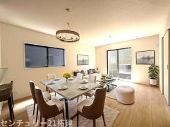 リビング 施工例・朝は爽やかな日差しを浴びながら、家族みんなでおいしい朝食。昼下がりには読書やお昼寝でもしながらのんびりと過ごすひと時…。家族が集まる空間を、一番明るい空間に♪家具はCGになります。