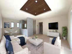 リビング 施工例・大きな窓のあるリビングは、陽光あふれる明るい空間です。居心地良く、ご家族皆がゆったり寛げる憩いの空間となりそうです♪家具はCGになります。