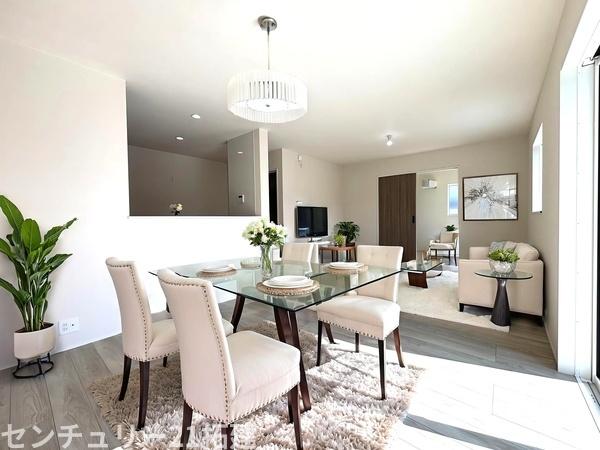 リビング 2月21日撮影♪朝は爽やかな日差しを浴びながら、家族みんなでおいしい朝食。昼下がりには読書やお昼寝でもしながらのんびりと過ごすひと時…。家族が集まる空間を、一番明るい空間に♪家具はCGになります。